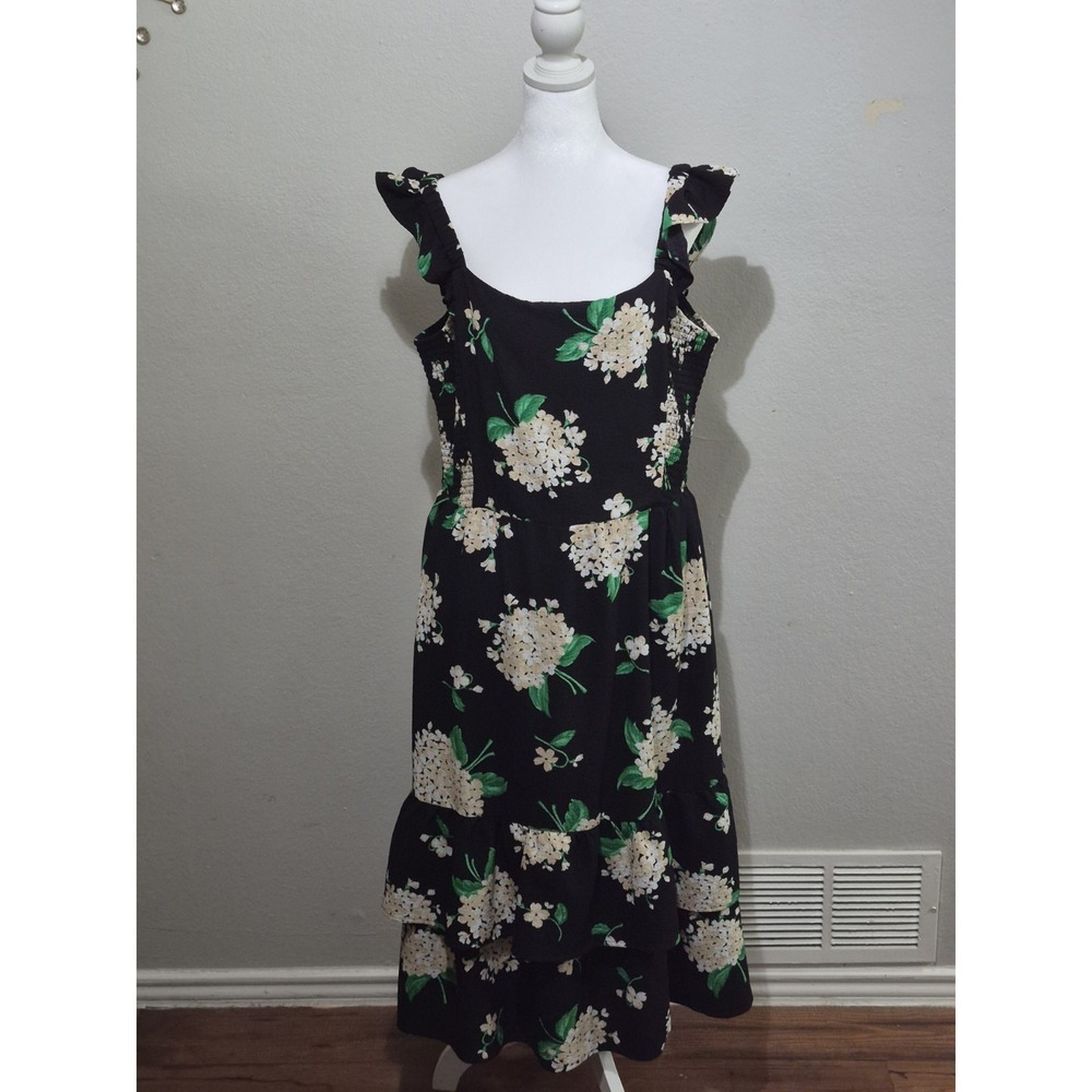 Draper James Dress Womens Size XL‎ Black Flutter Sleeve Floral Tiered Smocked